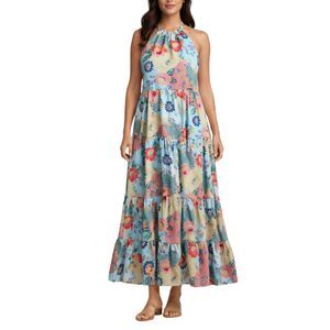 Monteau Women’s Maxi Dress Size Large Floral Boho Tiered Halter Blue Red Flowy